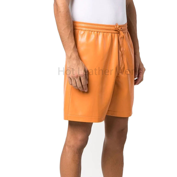 Creamy Orange Stylish Pull Up Men Leather Shorts -  HOTLEATHERWORLD
