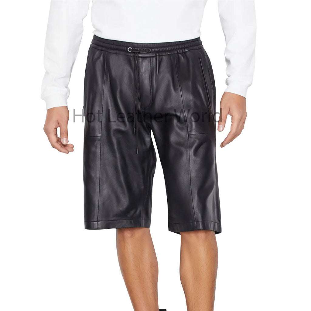 Classy Black Zipper Pocket Men Genuine Leather Shorts