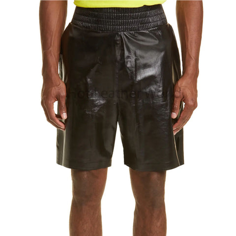 Premium Polished Black Pull Up Men Leather Shorts -  HOTLEATHERWORLD