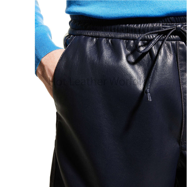 Navy Blue Elasticized Waist Side Slit Pockets Men Faux Leather Shorts -  HOTLEATHERWORLD