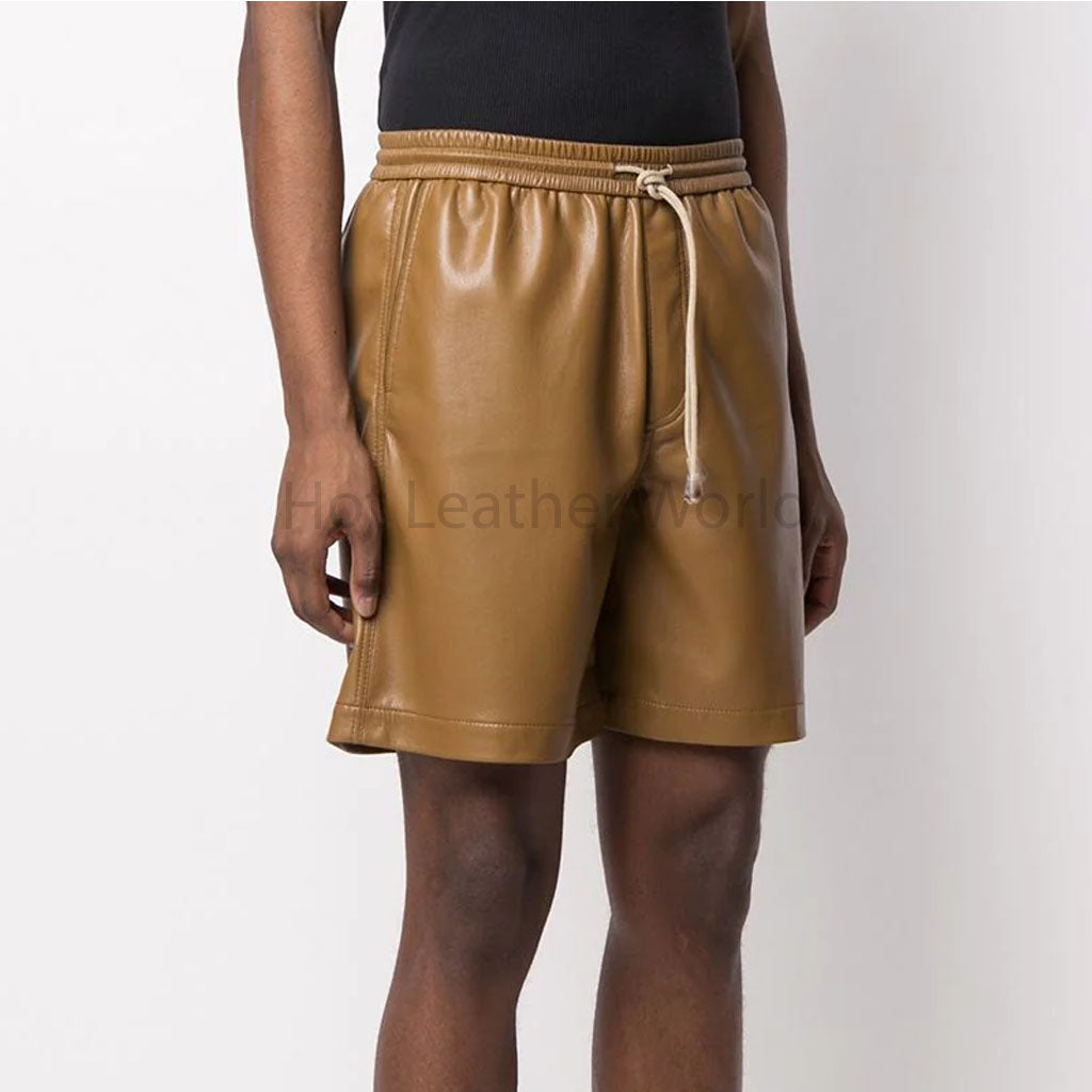 Khaki Brown Fitted Pull Up Men Leather Shorts -  HOTLEATHERWORLD