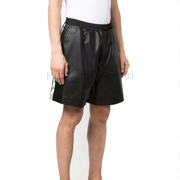 Sporty Black With White Stripes Men Leather Shorts -  HOTLEATHERWORLD