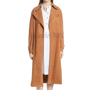 Brown Suede Leather Women Trench Coat -  HOTLEATHERWORLD