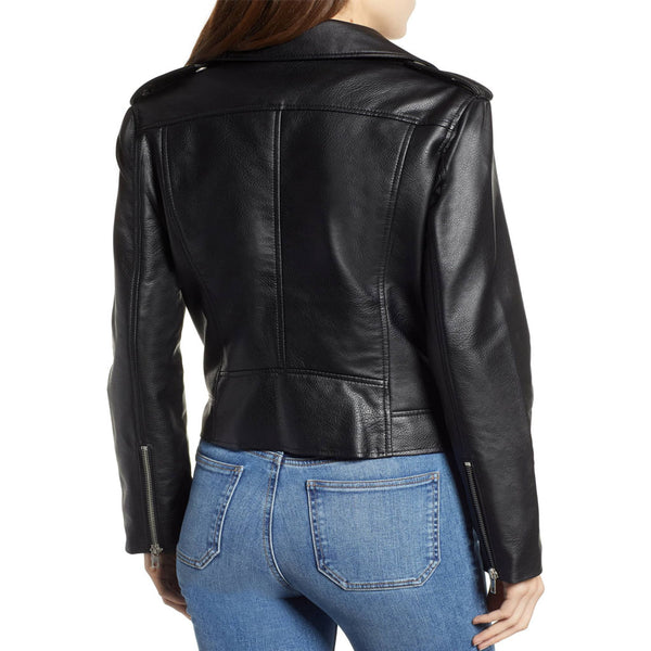 Black Notch Collar With Snap Button Women Leather Jacket -  HOTLEATHERWORLD
