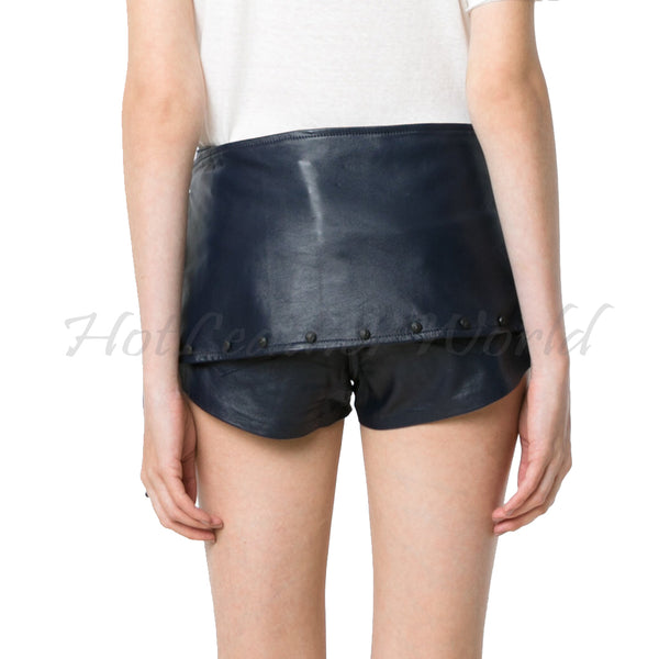 Side Buckle Fastening Women Leather Shorts -  HOTLEATHERWORLD
