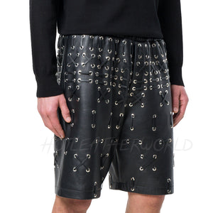 Lace Detail Men Leather Shorts -  HOTLEATHERWORLD