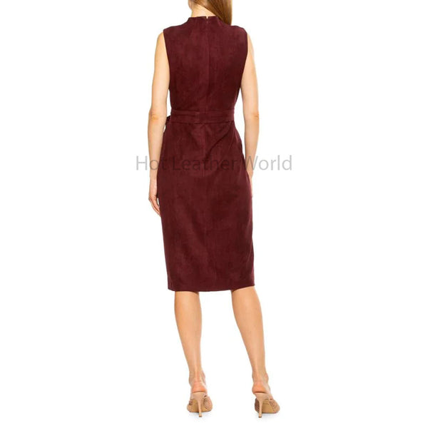 Subtle Burgundy Tie Belt Waist Women Suede Midi Leather Dress -  HOTLEATHERWORLD