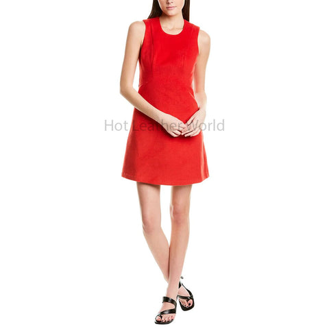 Chile Red Sleeveless A Line Women Mini Suede Leather Dress -  HOTLEATHERWORLD