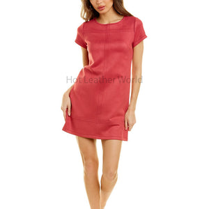 Pretty Pink Seam Detailed Women Mini Leather Dress -  HOTLEATHERWORLD