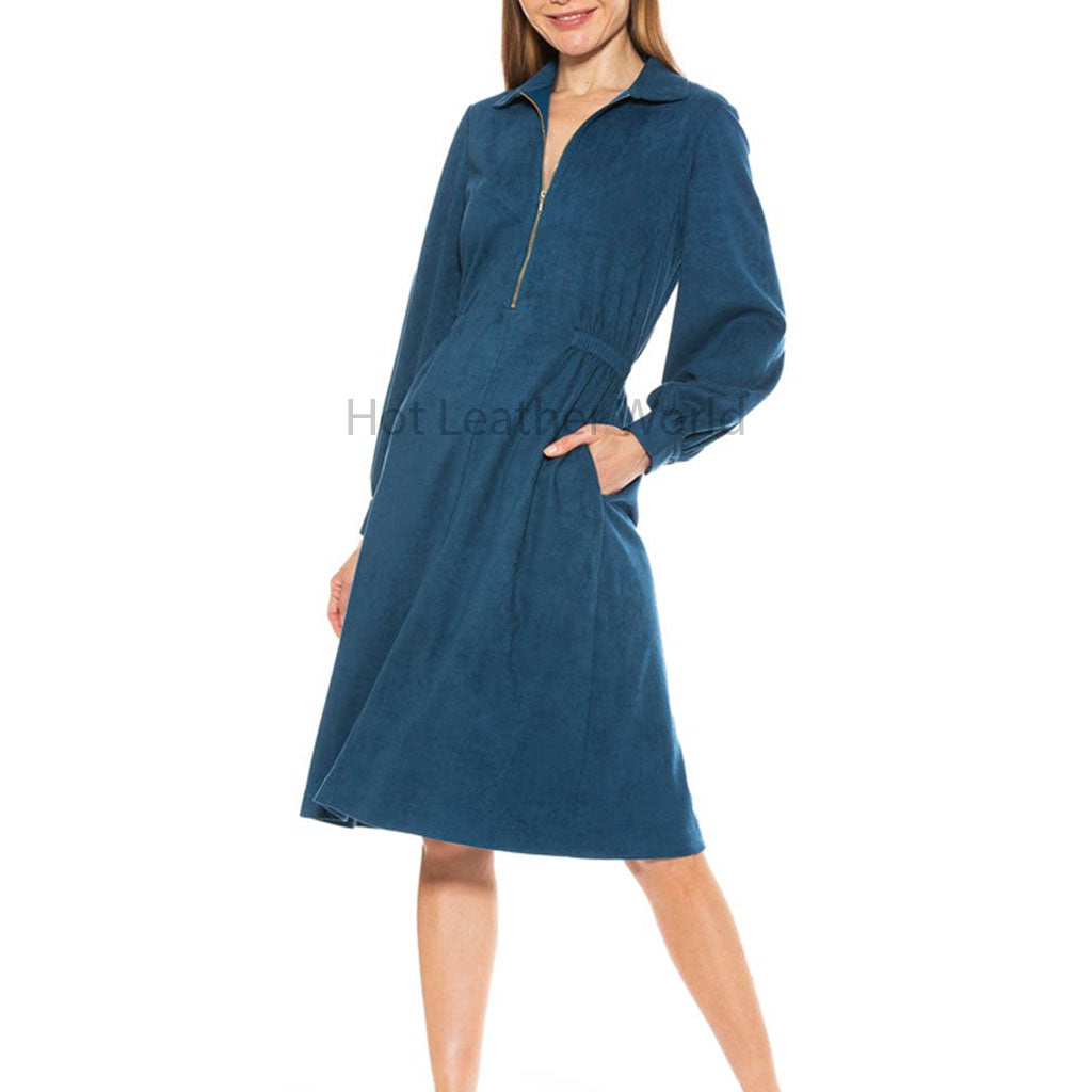 slim fit dress slacks Dark Blue Elasticized Waist Fit and Flared Women Midi Leather Dress XL / White