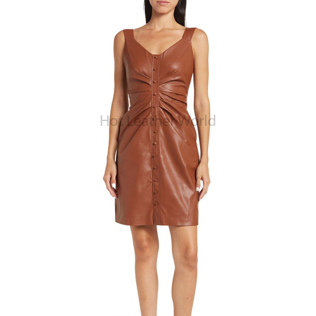 Basic Brown Front Buttoned and Ruched Detailed Women Leather Dress 2XL / Navy Blue