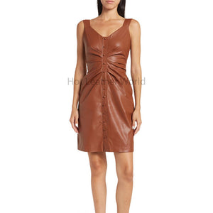 Basic Brown Front Buttoned And Ruched Detailed Women Leather Dress -  HOTLEATHERWORLD