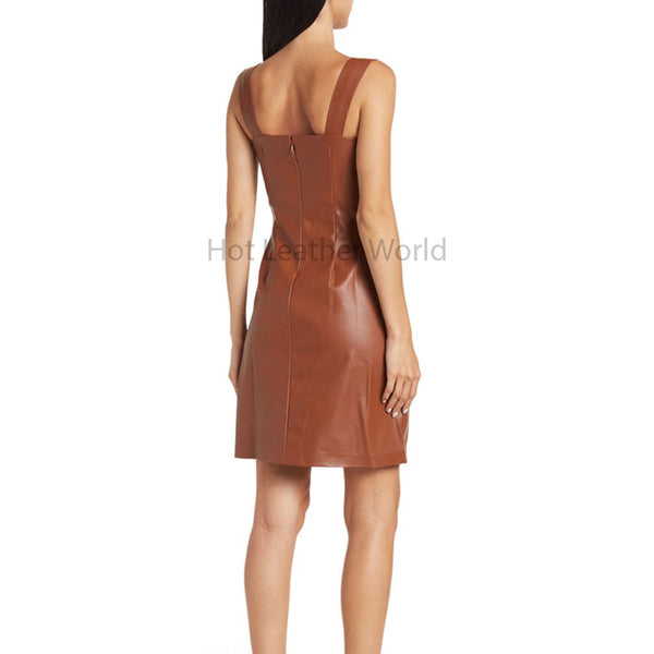 Basic Brown Front Buttoned And Ruched Detailed Women Leather Dress -  HOTLEATHERWORLD