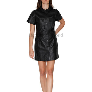 Classy Black Genuine Leather Buttoned Front Women Mini Length Dress
