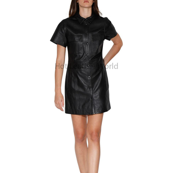 Chic Black Button Up Front Shirt Style Women Mini Leather Dress -  HOTLEATHERWORLD