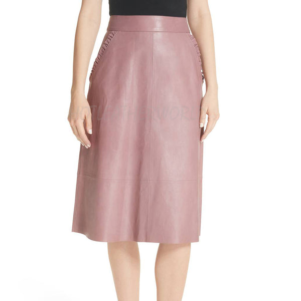Ruffle-Trimmed Pockets Leather Skirt -  HOTLEATHERWORLD