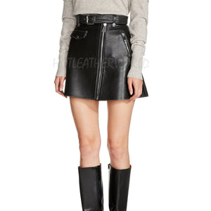 Belted A-Line Leather Miniskirt -  HOTLEATHERWORLD