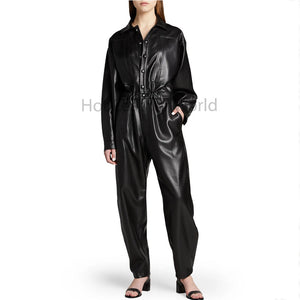 Retro Style Black Tapered Leg Women Faux Leather Jumpsuit -  HOTLEATHERWORLD