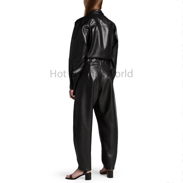 Retro Style Black Tapered Leg Women Faux Leather Jumpsuit -  HOTLEATHERWORLD