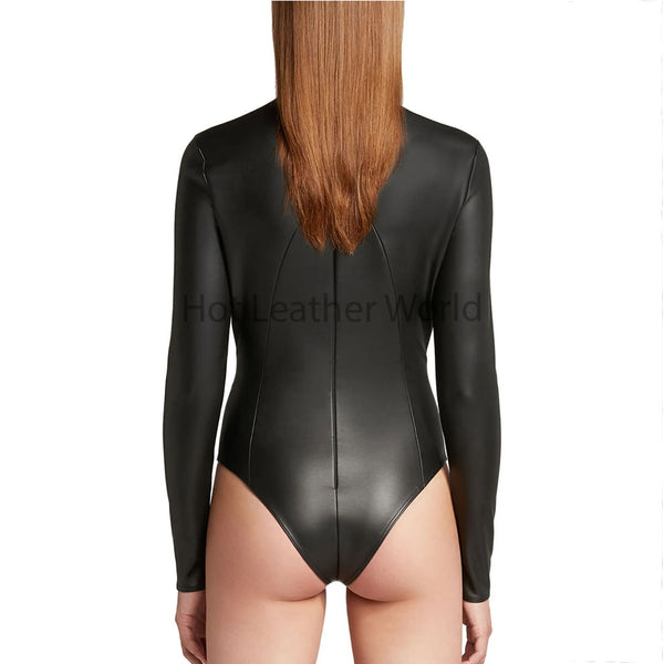 Chic Black Mock Neck Long Sleeves Women Faux Leather Bodysuit -  HOTLEATHERWORLD