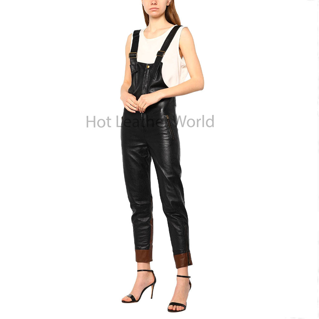 Textured Black Double Tone Straight Leg Women Leather Overall -  HOTLEATHERWORLD