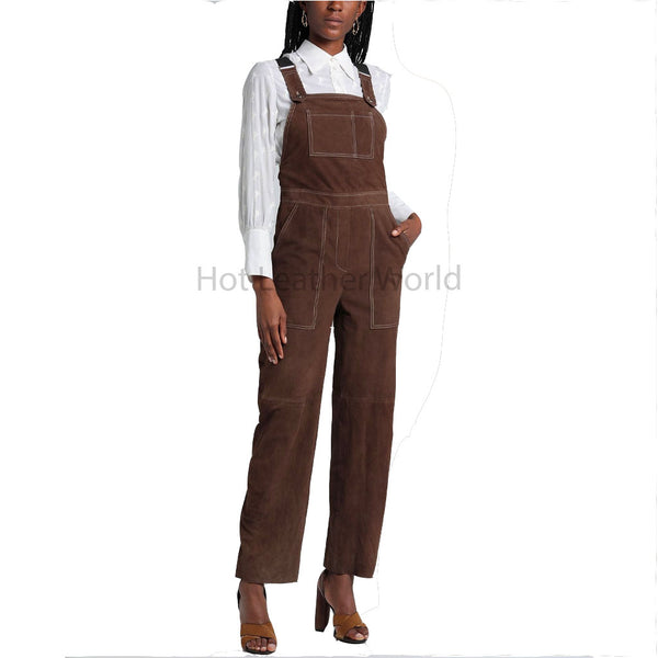 Perfect Brown Overall Top Multi Pockets Women Suede Leather Jumpsuit -  HOTLEATHERWORLD