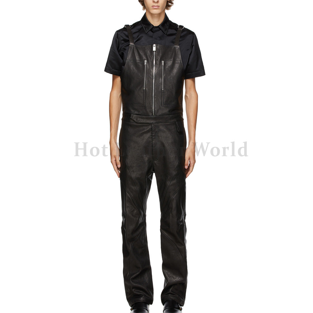 Ribbed Cuffs and Neck Men Front Zipper Fastening Leather Jumpsuit