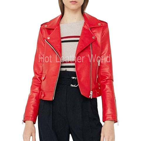 Biker Red Leather Jacket For Women -  HOTLEATHERWORLD
