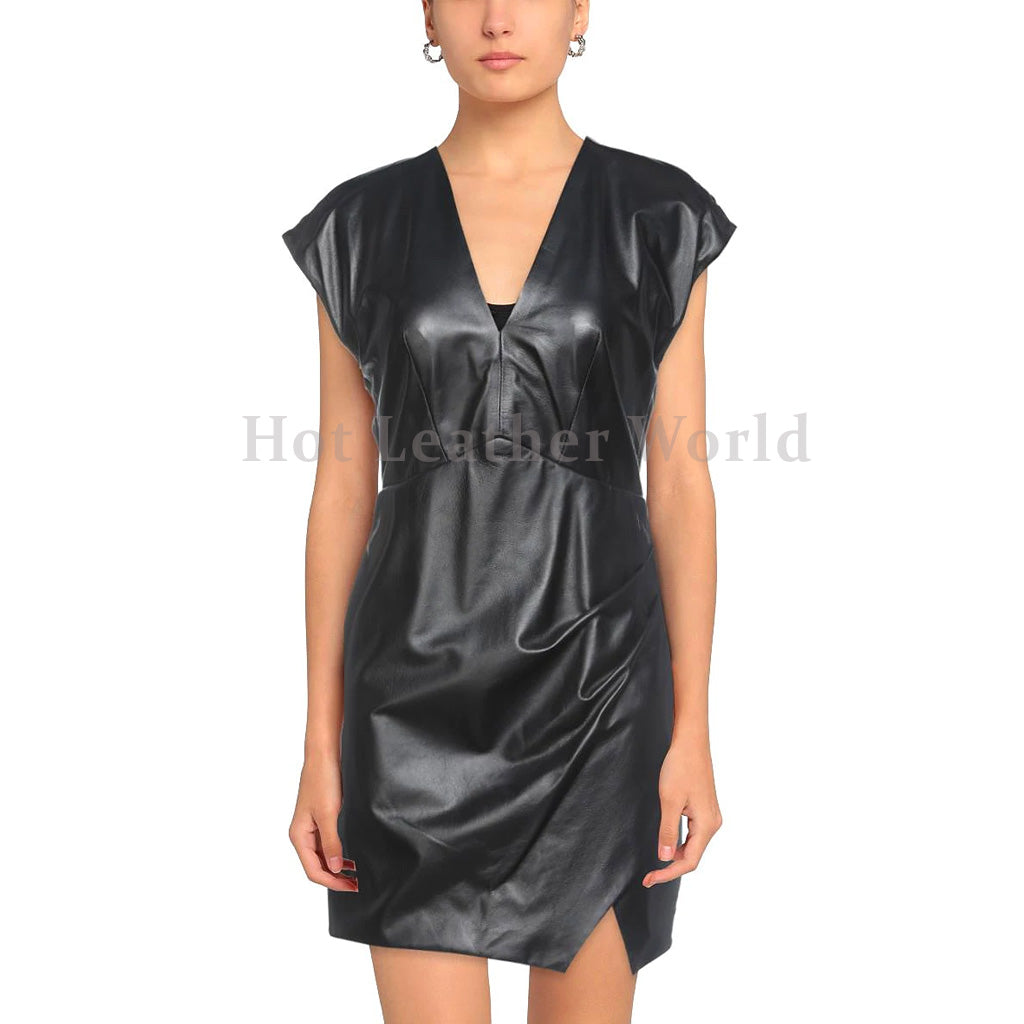 Black Deep Neck Crossover Mini Lambskin Leather Dress XL / CHOCOLATE BROWN