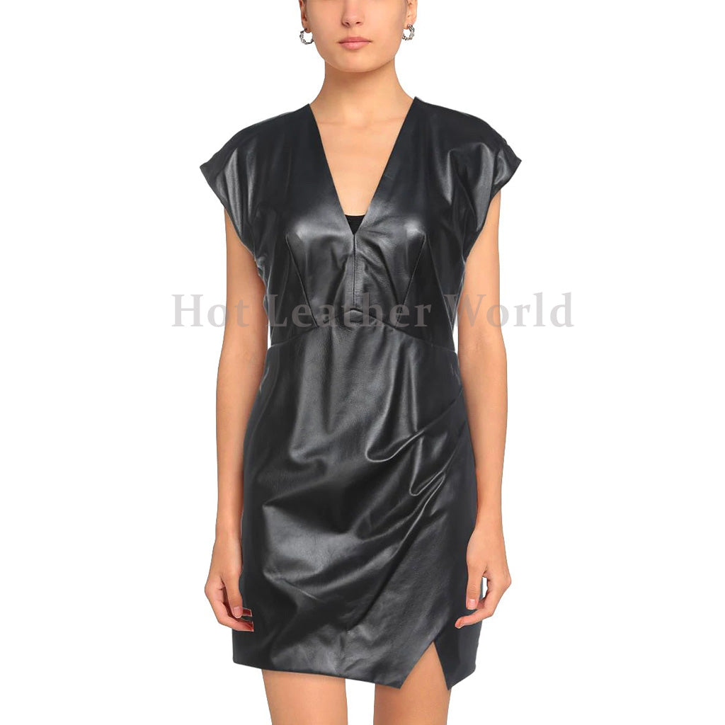 Black Deep Neck Crossover Mini Lambskin Leather Dress -  HOTLEATHERWORLD