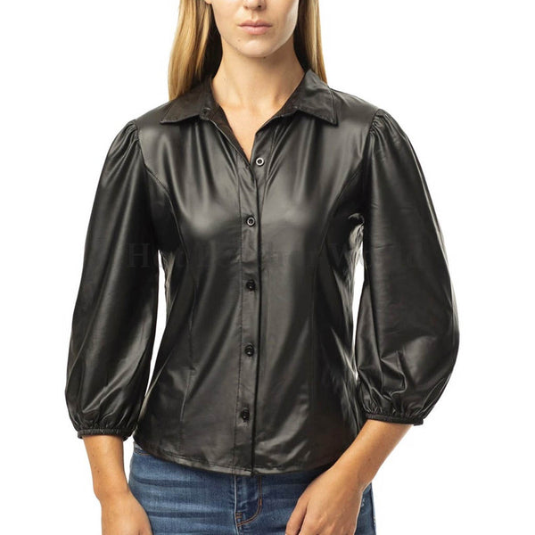 Button Up Faux Pu Leather Shirt With Puff Sleeves -  HOTLEATHERWORLD