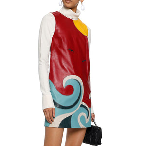 Color Block Style With Patches Mini Leather Dress -  HOTLEATHERWORLD