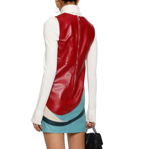 Color Block Style With Patches Mini Leather Dress -  HOTLEATHERWORLD