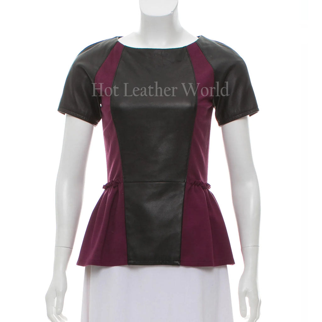 Color Block Style Women Leather Peplum Top -  HOTLEATHERWORLD