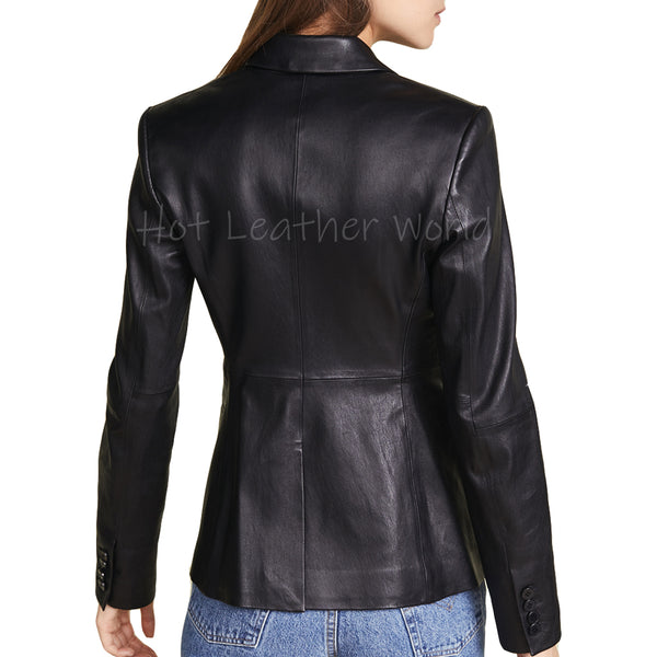 Double Breasted Paneled Women Leather Blazer -  HOTLEATHERWORLD