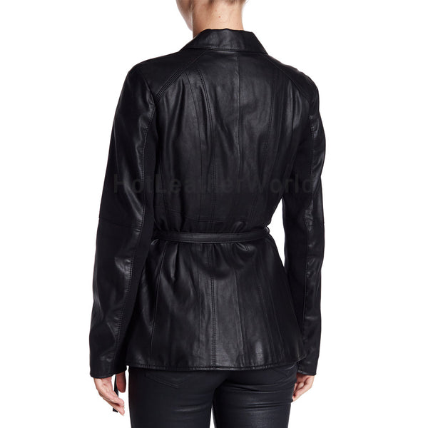 Belted Waist Women Elegant Leather Coat -  HOTLEATHERWORLD