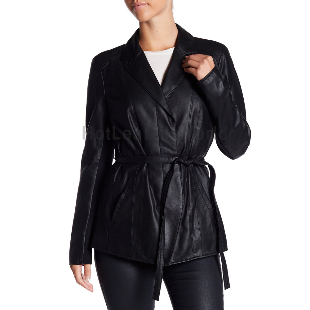 Belted Waist Women Elegant Leather Coat -  HOTLEATHERWORLD