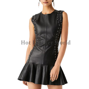 Eyelet Detailing Women Mini Leather Dress -  HOTLEATHERWORLD