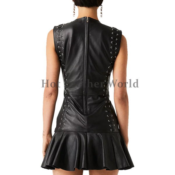 Eyelet Detailing Women Mini Leather Dress -  HOTLEATHERWORLD