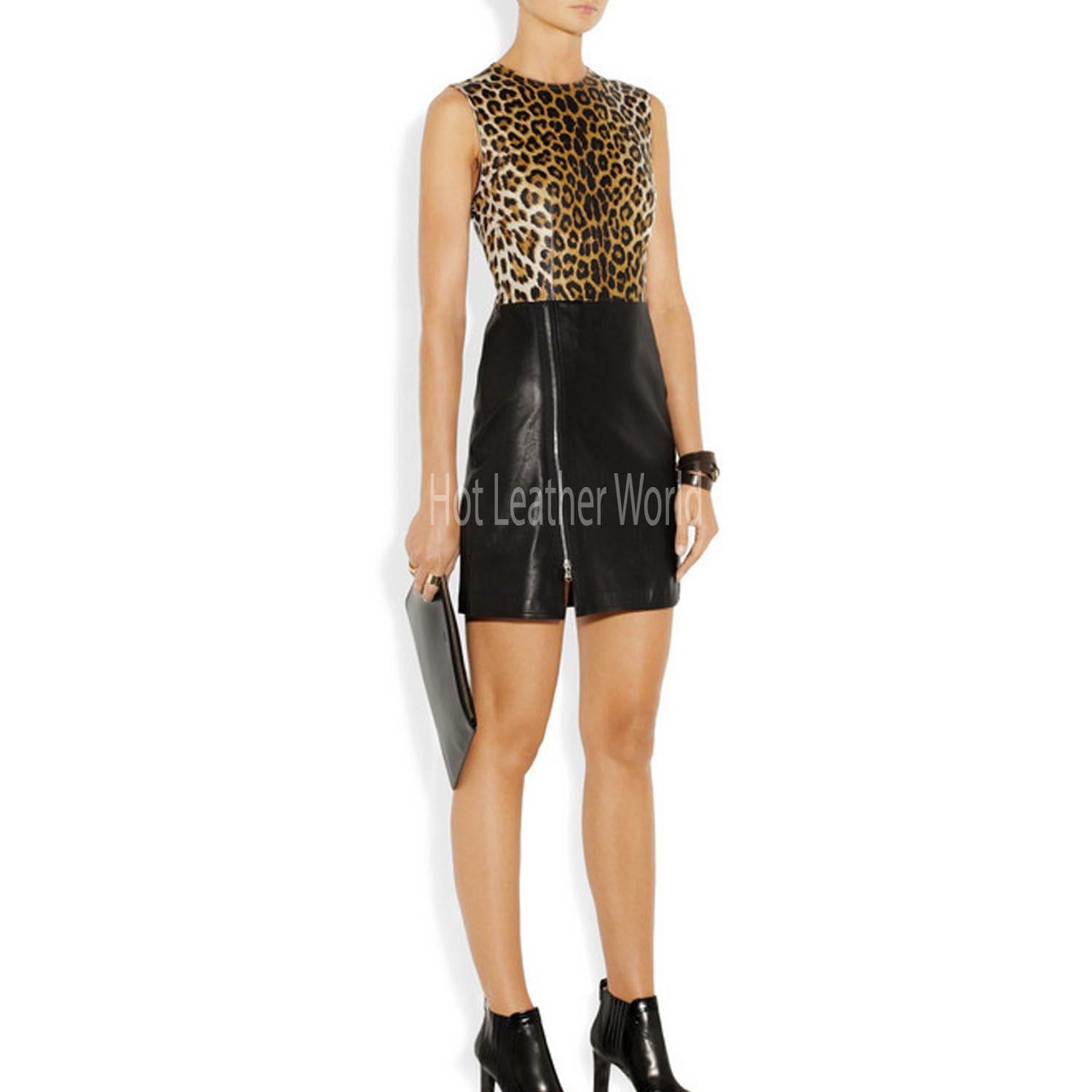 Leopard-Print Paneled Leather Dress -  HOTLEATHERWORLD
