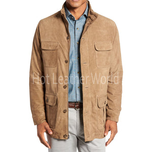 Suede Safari Style Leather Coat for Men -  HOTLEATHERWORLD