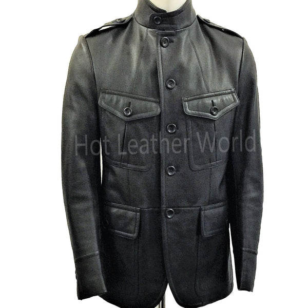 Grained Leather Military Black Jacket -  HOTLEATHERWORLD