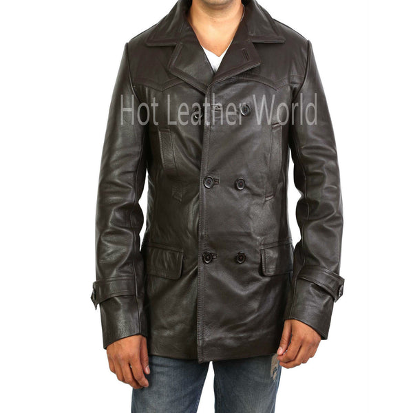 Brown Double Breasted Military Trench Coat For Men -  HOTLEATHERWORLD