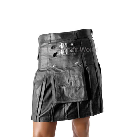 Scottish Styled Men Leather Pleated Kilt -  HOTLEATHERWORLD