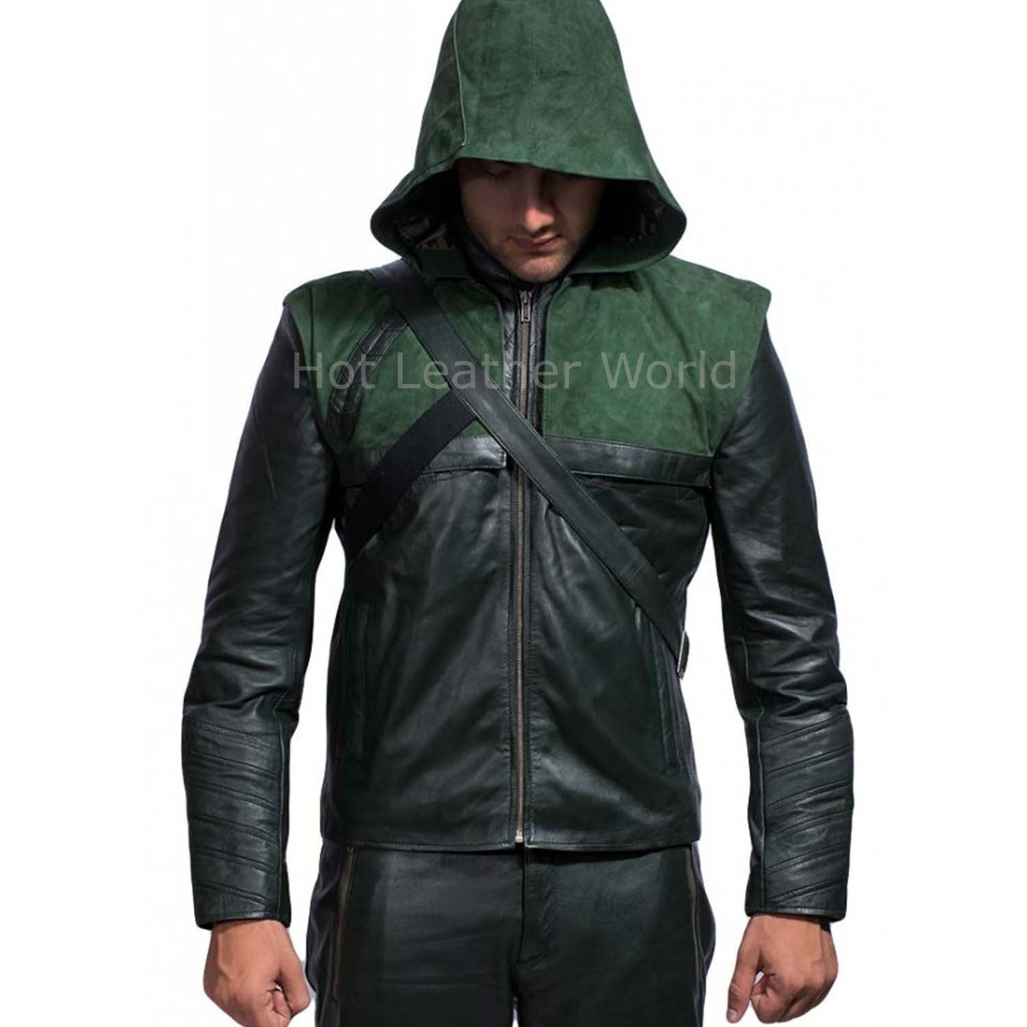 Stephen Amell Green Arrow Leather Replica Hoodie Jacket -  HOTLEATHERWORLD