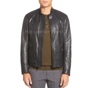 Tab Collar Men Leather Jacket -  HOTLEATHERWORLD