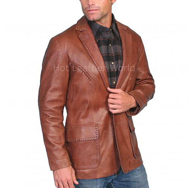 Whipstitch Style Men Leather Blazer -  HOTLEATHERWORLD