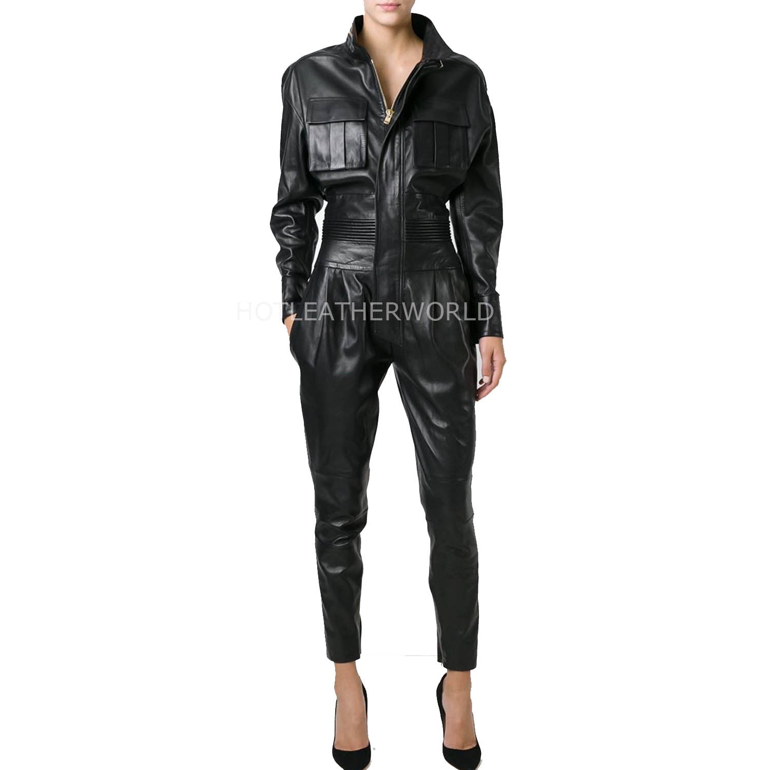 Military Style Women Leather Jumpsuit -  HOTLEATHERWORLD