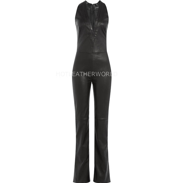 Paneled Sleeveless Women Leather Jumpsuit -  HOTLEATHERWORLD