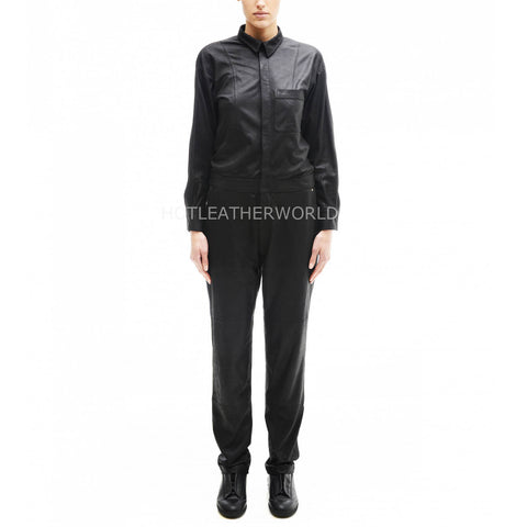 Shirt Collar Class Women Leather Jumpsuit -  HOTLEATHERWORLD